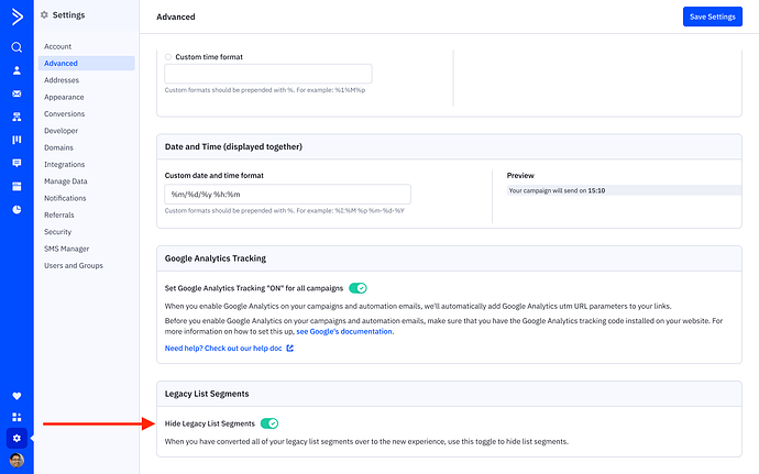 Advanced Settings Toggle- Choose to keep legacy or new segment view