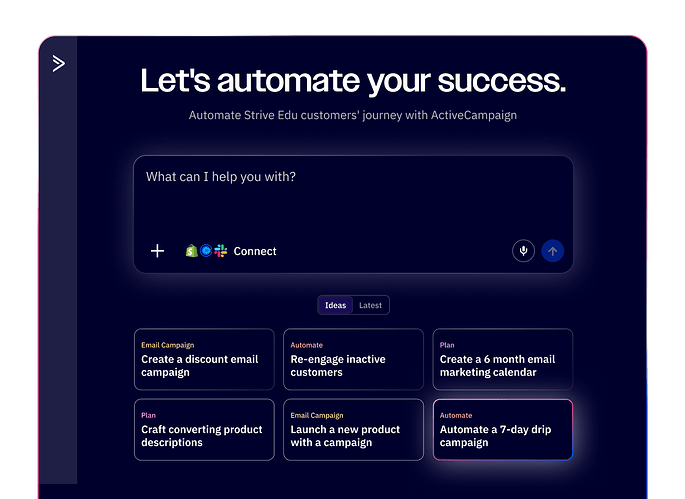 Select any of the pre-built cards or prompt Active Intelligence to help you build, automate, or gather insights about your customer journeys.