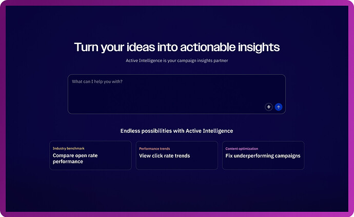 Active Intelligence- Insights gives you a conversational AI workspace to just ask about your KPIs, performance, or content and get instant summaries, trends, and recommendations in seconds.